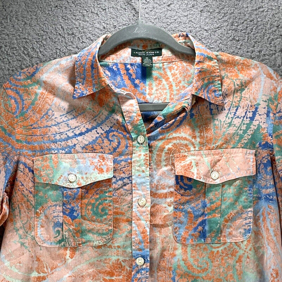 LRL Lauren Jeans Paisley Blouse Medium Boho Colorful Button Up Roll tab Sleeve - Picture 2 of 10